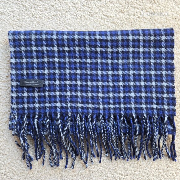 Enzo Mantovani Cashmere Scarf Blue Black Plaid Checks - Picture 1 of 10